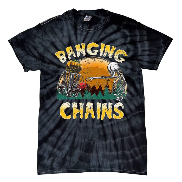 Retro Disc Golf Banging Chains Spooky Halloween Skeleton Tie-Dye T-Shirt