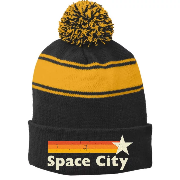 Retro Distressed Houston Baseball Space City Stripe Pom Pom Beanie