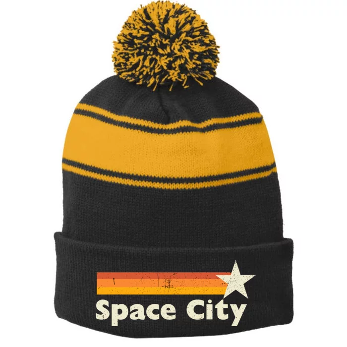 Retro Distressed Houston Baseball Space City Stripe Pom Pom Beanie