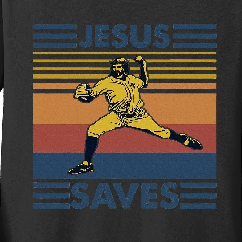 Retro Distressed Jesus Saves Baseball Kids Long Sleeve Shirt