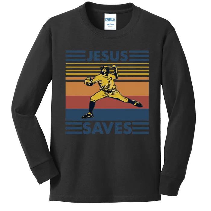 Retro Distressed Jesus Saves Baseball Kids Long Sleeve Shirt