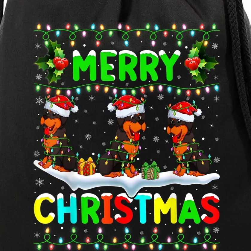 Rottweiler Dog Lighting Santa Hat Merry Christmas Rottweiler Drawstring Bag