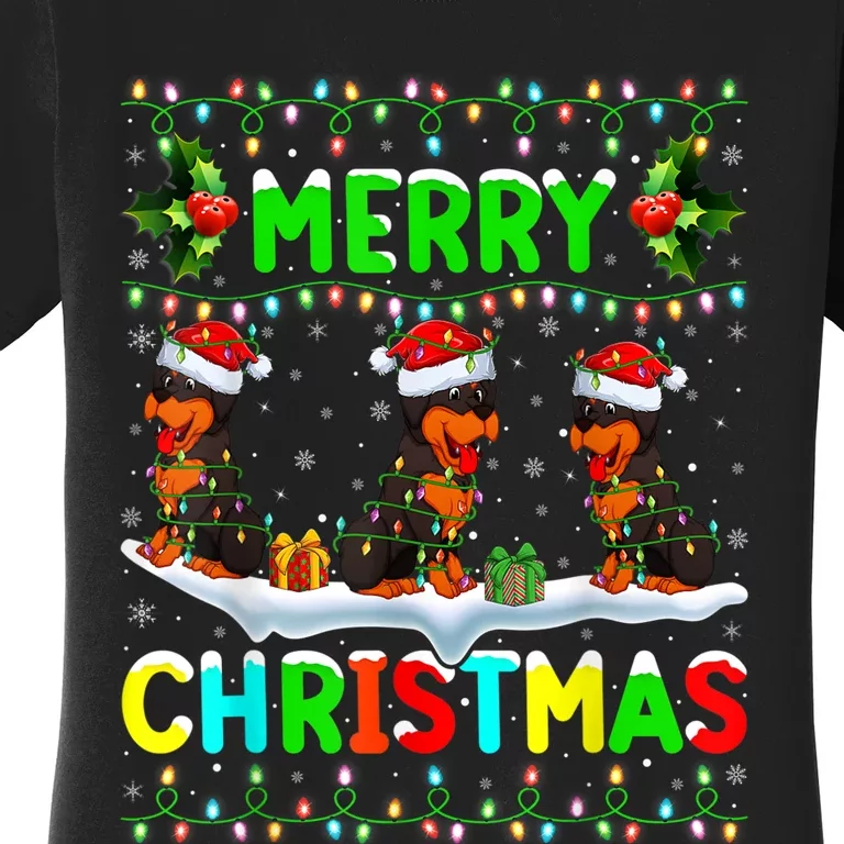 Rottweiler Dog Lighting Santa Hat Merry Christmas Rottweiler Women's T-Shirt