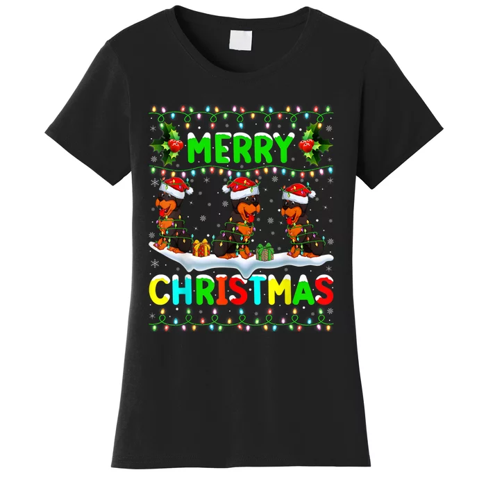 Rottweiler Dog Lighting Santa Hat Merry Christmas Rottweiler Women's T-Shirt