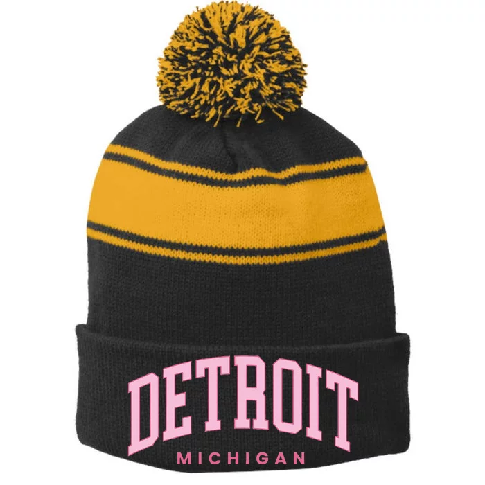 Retro Detroit Michigan Vintage Preppy Throwback Stripe Pom Pom Beanie