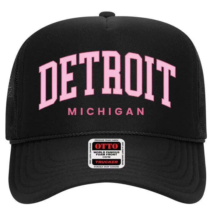 Retro Detroit Michigan Vintage Preppy Throwback High Crown Mesh Trucker Hat