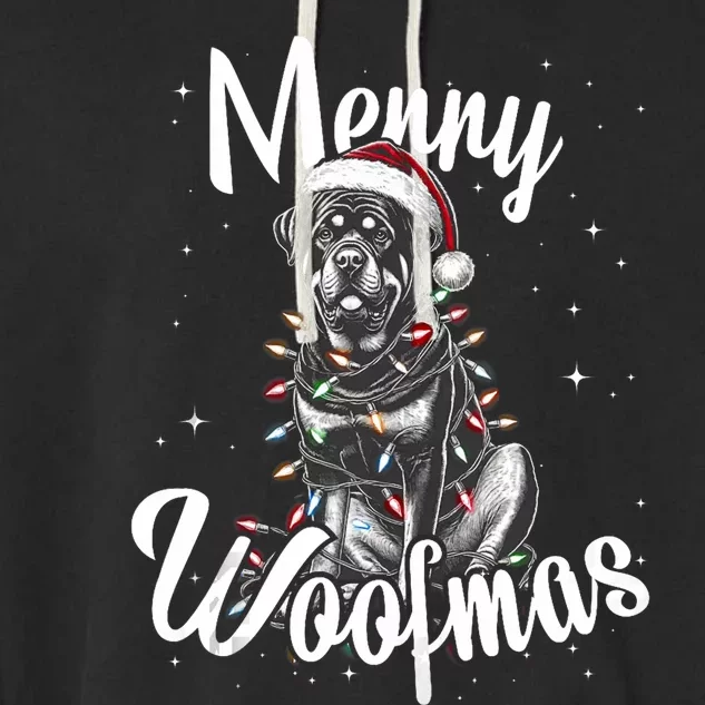 Rottweiler Dog Merry Woofmas Christmas Lights Santa Hat Tank Top Garment-Dyed Fleece Hoodie