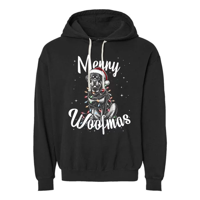 Rottweiler Dog Merry Woofmas Christmas Lights Santa Hat Tank Top Garment-Dyed Fleece Hoodie