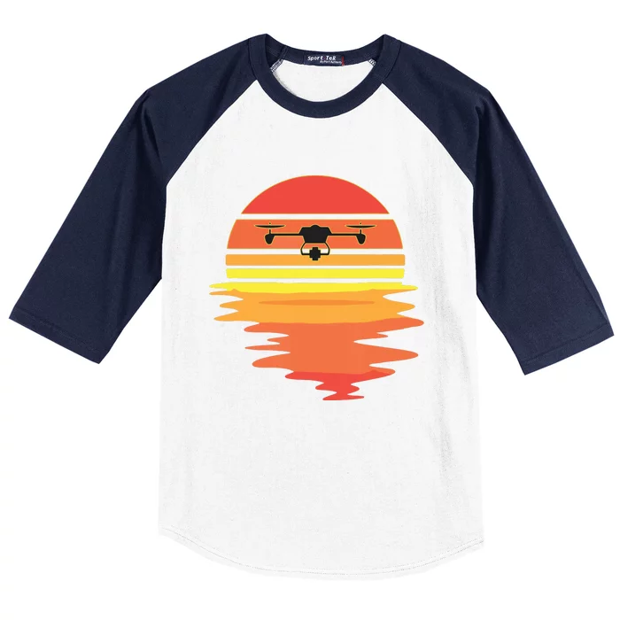 Retro Drone Pilot Vintage Sunset Aviator Flying Quadcopter Baseball Sleeve Shirt