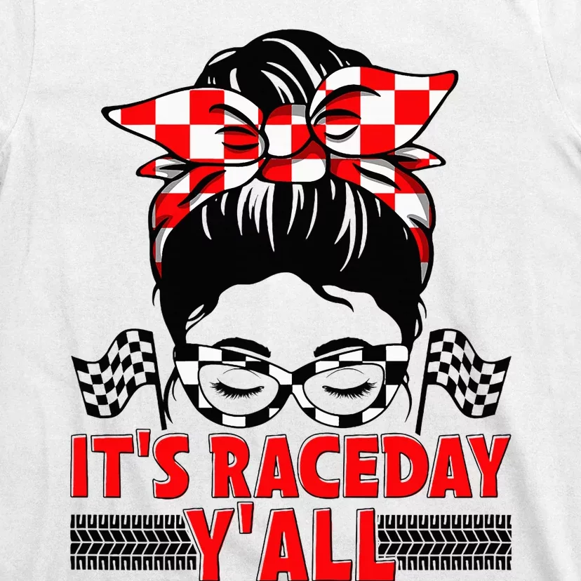 Race Day Ready Checkered Flag Racing Messy Bun Headband T-Shirt