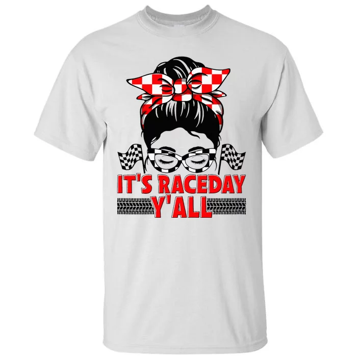 Race Day Ready Checkered Flag Racing Messy Bun Headband Tall T-Shirt