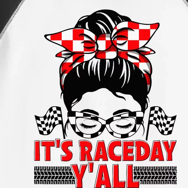 Race Day Ready Checkered Flag Racing Messy Bun Headband Toddler Fine Jersey T-Shirt