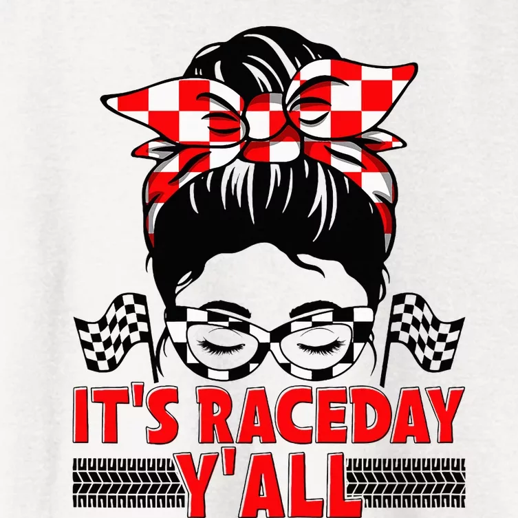 Race Day Ready Checkered Flag Racing Messy Bun Headband Women's Crop Top Tee