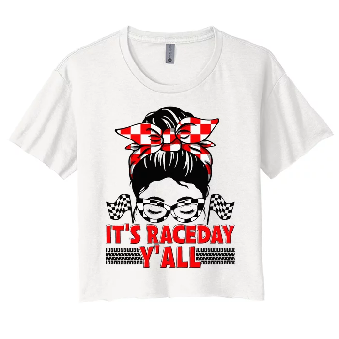 Race Day Ready Checkered Flag Racing Messy Bun Headband Women's Crop Top Tee