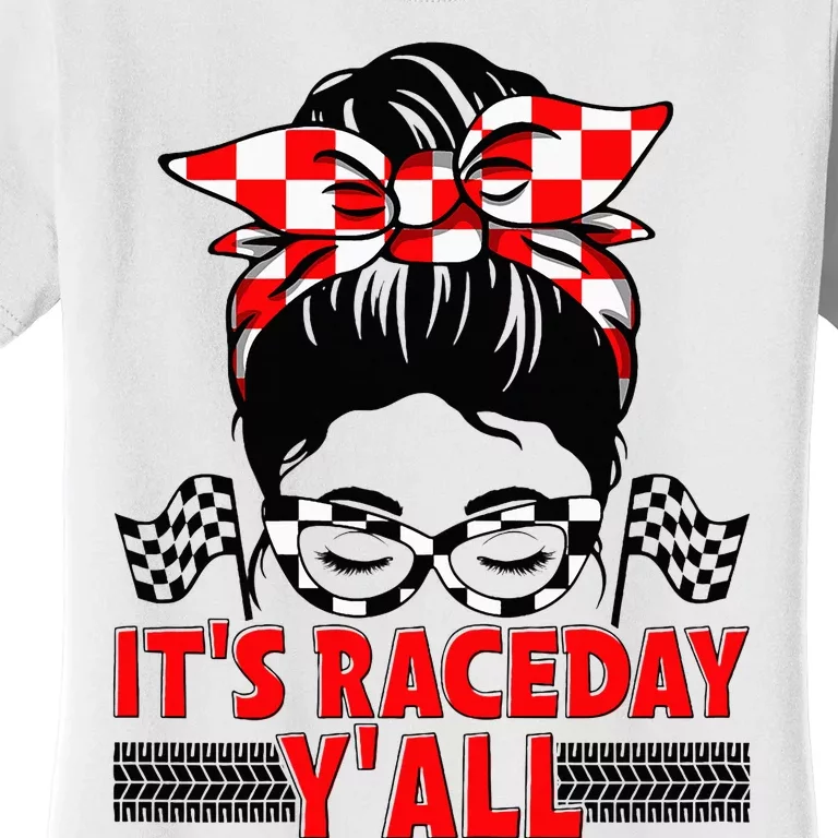 Race Day Ready Checkered Flag Racing Messy Bun Headband Women's T-Shirt