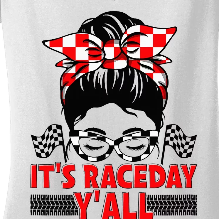 Race Day Ready Checkered Flag Racing Messy Bun Headband Women's V-Neck T-Shirt