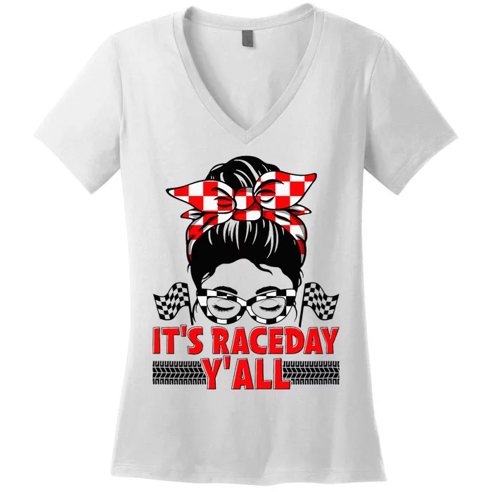 Race Day Ready Checkered Flag Racing Messy Bun Headband Women's V-Neck T-Shirt