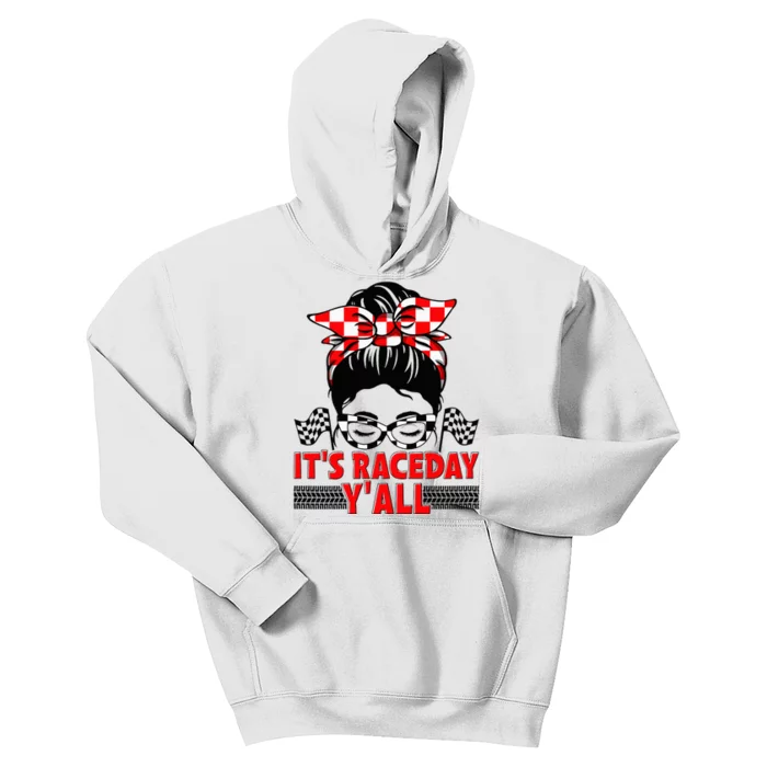 Race Day Ready Checkered Flag Racing Messy Bun Headband Kids Hoodie