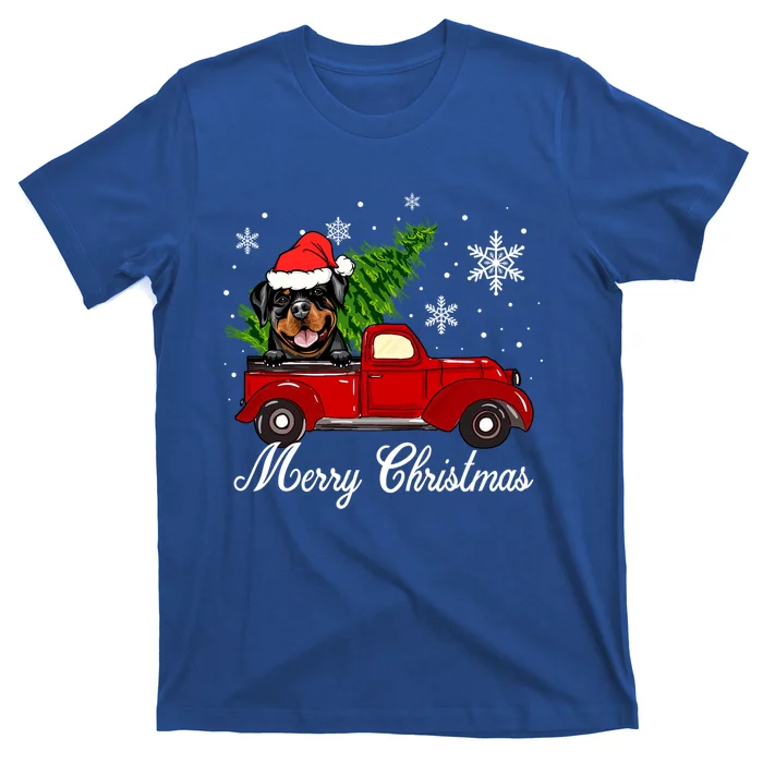 Rottweiler Dog Riding Red Truck Christmas Decoration Pajama Funny Gift T-Shirt