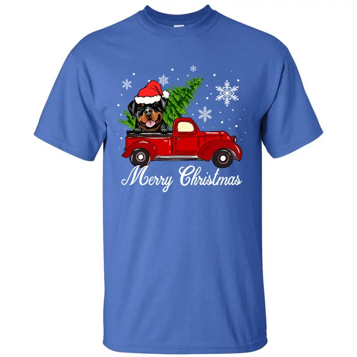 Rottweiler Dog Riding Red Truck Christmas Decoration Pajama Funny Gift Tall T-Shirt