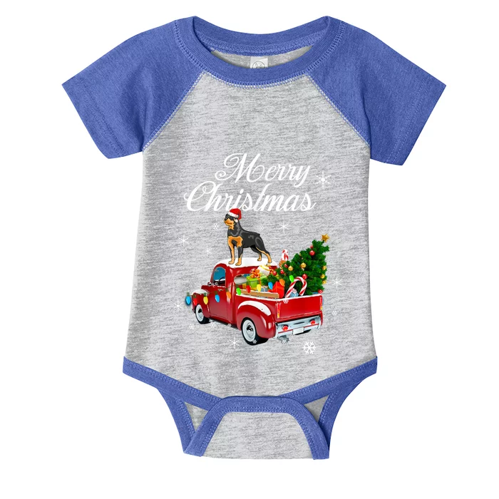 Rottweiler Dog Riding Red Truck Christmas Tree Xmas Dog Funny Gift Infant Baby Jersey Bodysuit