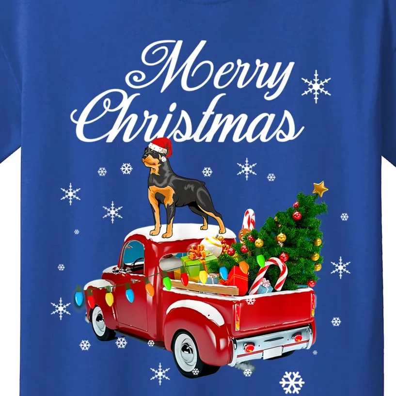 Rottweiler Dog Riding Red Truck Christmas Tree Xmas Dog Funny Gift Kids T-Shirt