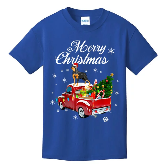 Rottweiler Dog Riding Red Truck Christmas Tree Xmas Dog Funny Gift Kids T-Shirt