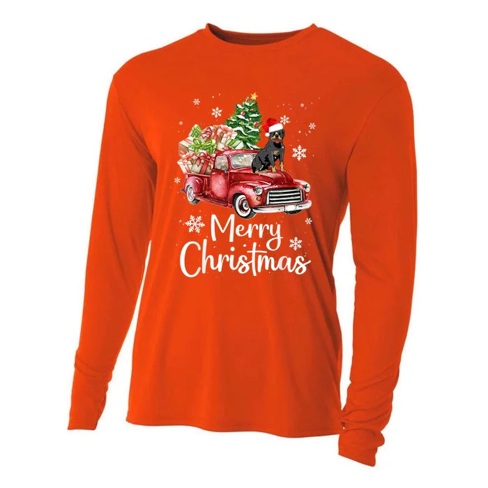 Rottweiler Dog Riding Red Truck Christmas Tree Xmas Dog Cute Gift Cooling Performance Long Sleeve Crew