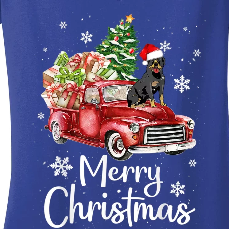 Rottweiler Dog Riding Red Truck Christmas Tree Xmas Dog Cute Gift Women's V-Neck T-Shirt