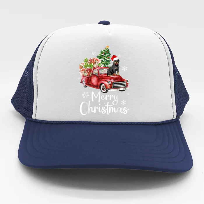 Rottweiler Dog Riding Red Truck Christmas Tree Xmas Dog Cute Gift Trucker Hat