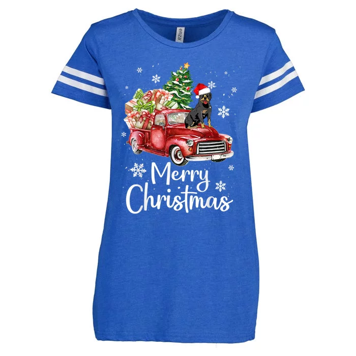 Rottweiler Dog Riding Red Truck Christmas Tree Xmas Dog Cute Gift Enza Ladies Jersey Football T-Shirt