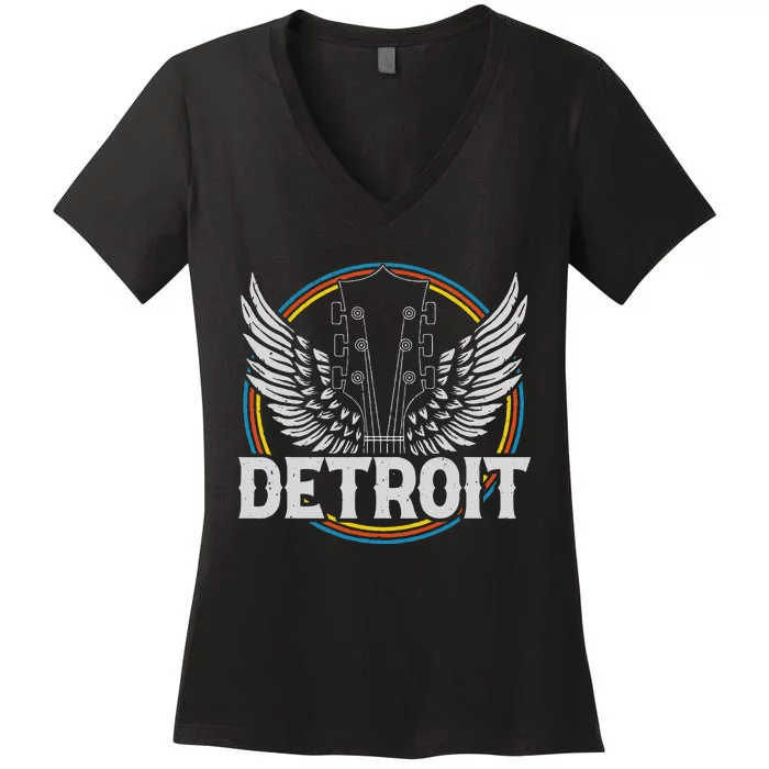 Retro Detroit Souvenir Vintage Concert Guitar Music Band Women's V-Neck T-Shirt