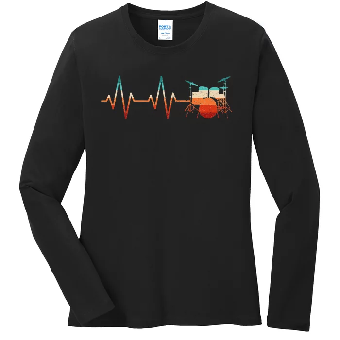 Retro Drum Set Heartbeat Drumming Band Funny Drummer Ladies Long Sleeve Shirt