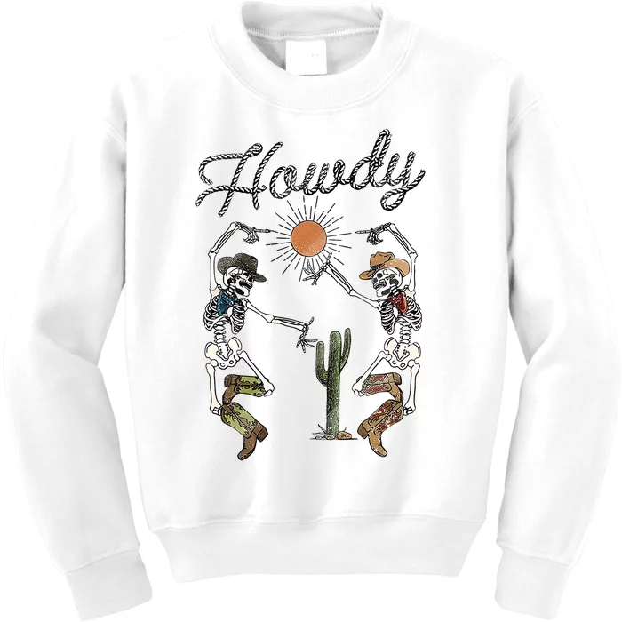 Retro Desert Skeleton Dancing Cowboy Boots Hat Howdy Western Kids Sweatshirt