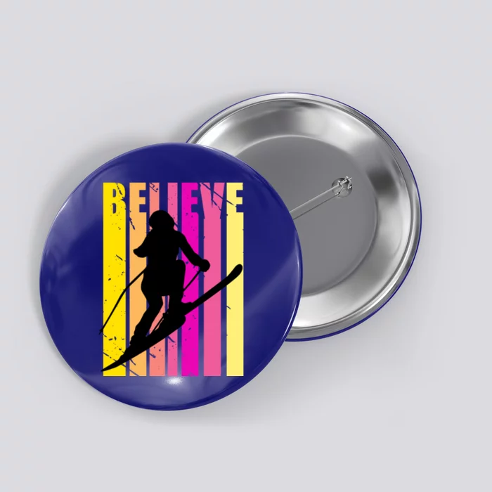 Retro Downhill Ski Skiing Skier Pink Yellow Vintage Gift Button