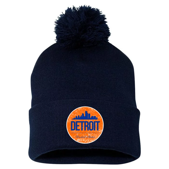 Retro Detroit Skyline Logo Pom Pom 12in Knit Beanie