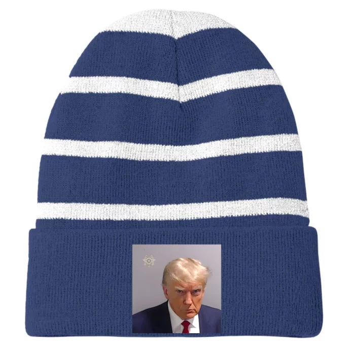 Real Donald Trump Mugshot At Fulton County Sheriffs Office Striped Beanie with Solid Band