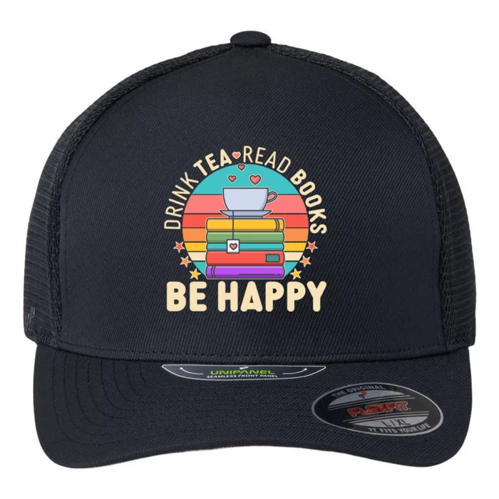 Retro Drink Tea Read Books Be Happy Flexfit Unipanel Trucker Cap