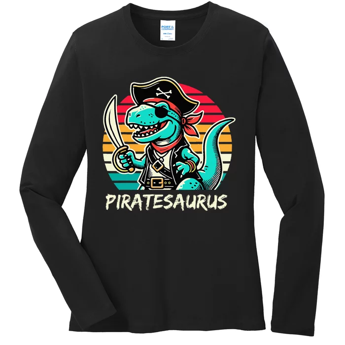 Retro Dinosaur T Rex Pirate Costume Piratesaurus Ladies Long Sleeve Shirt