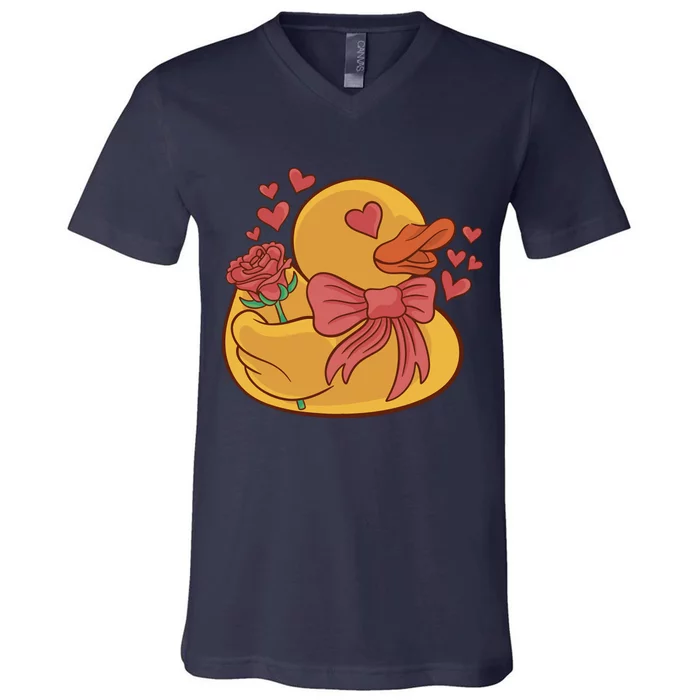 Rubber Duck Valentines Day Rose Cute V-Neck T-Shirt