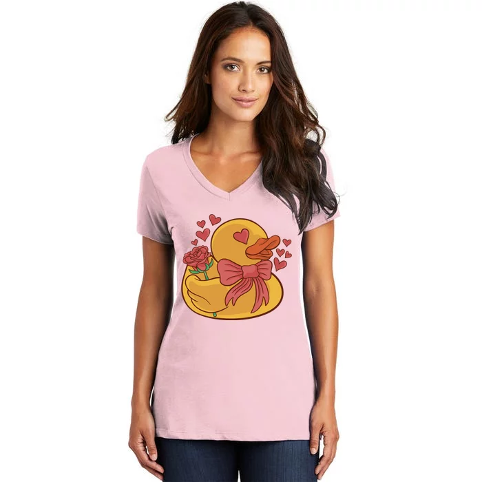 Rubber Duck Valentines Day Rose Cute Women's V-Neck T-Shirt