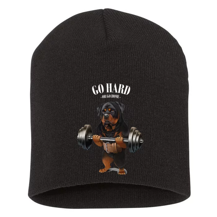 Rottweiler Dog Weightlifting In Fitness Gym Short Acrylic Beanie