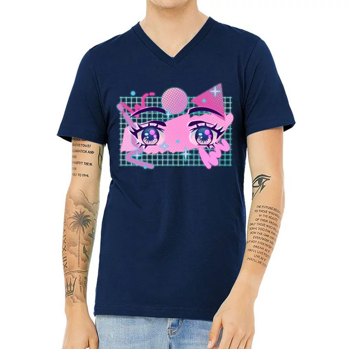 Retro Eighties 80's Pop Art Kawaii Anime Eyes V-Neck T-Shirt