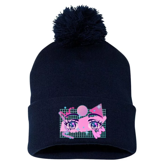 Retro Eighties 80's Pop Art Kawaii Anime Eyes Pom Pom 12in Knit Beanie