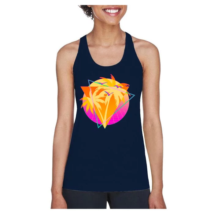 Retro Eighties 80's Tropical Palm Trees Emblem Women's Racerback Tank