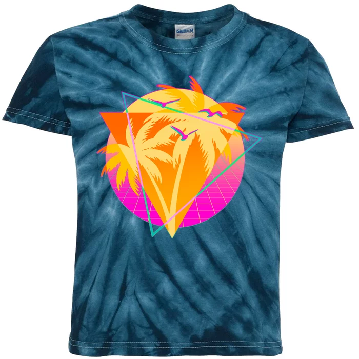 Retro Eighties 80's Tropical Palm Trees Emblem Kids Tie-Dye T-Shirt