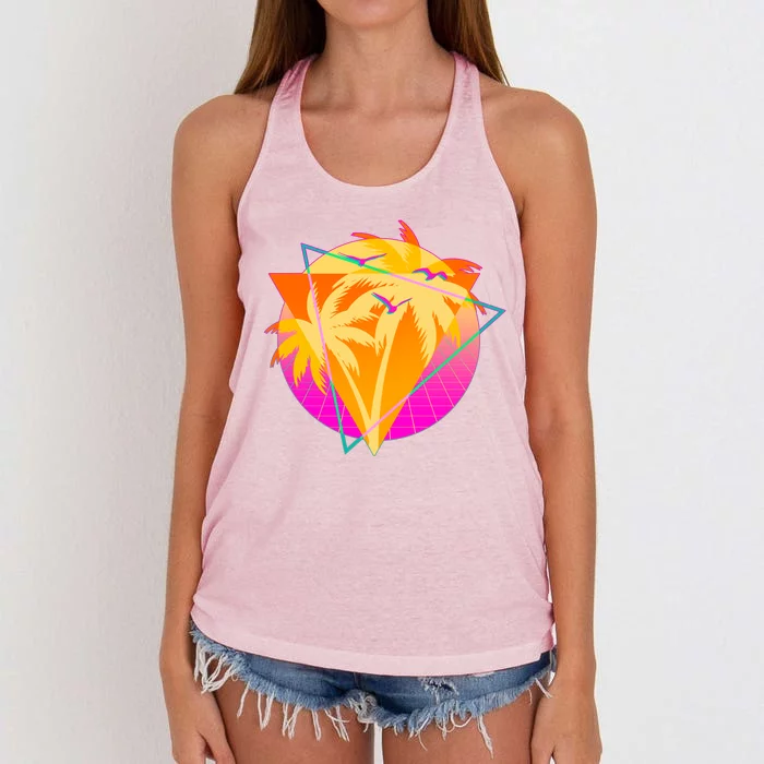 Retro Eighties 80's Tropical Palm Trees Emblem Women's Knotted Racerback Tank