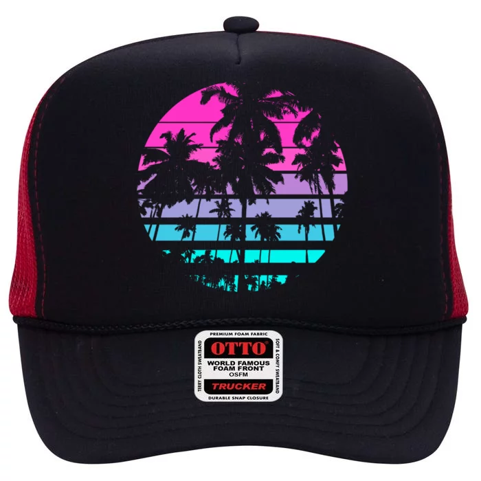 Retro Eighties 80s And 90s Beach Style Design With Palm Trees Great Gift High Crown Mesh Trucker Hat