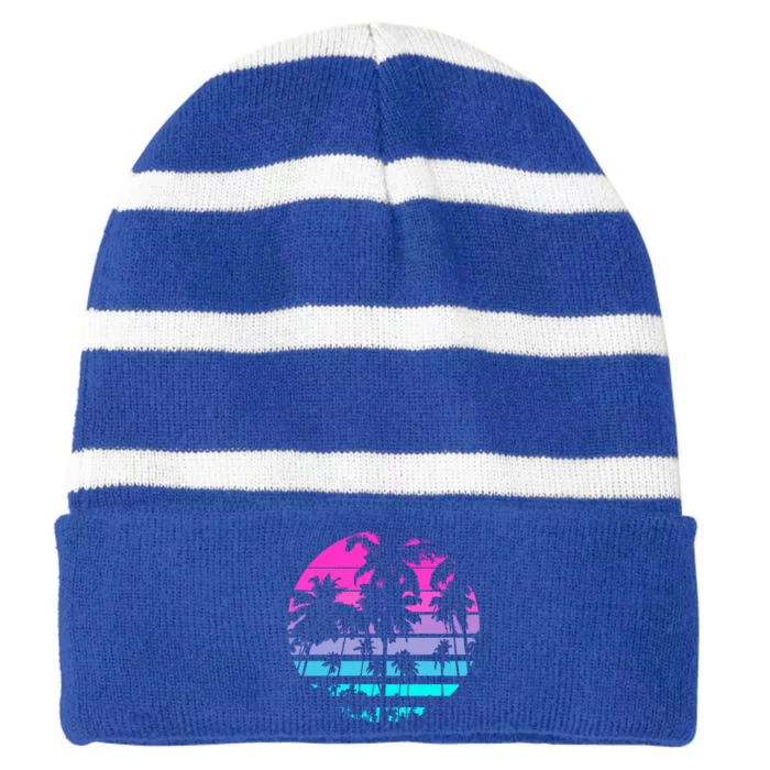 Retro Eighties 80s And 90s Beach Style Design With Palm Trees Great Gift Striped Beanie with Solid Band