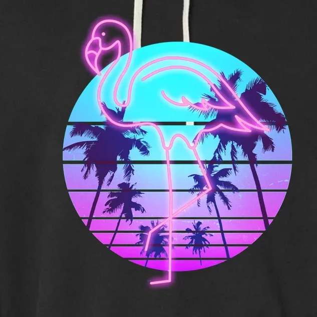 Retro Eighties 80's Neon Flamingo Emblem Garment-Dyed Fleece Hoodie